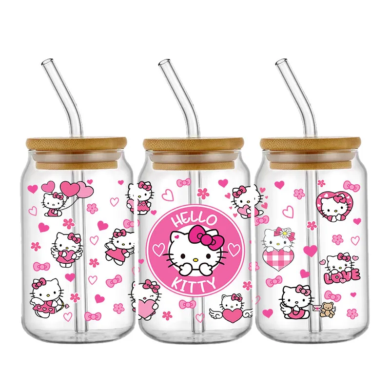 Miniso Hello kitty Valentine's Day UV DTF Transfer Sticker For 16oz Glass Cup Wrap Decal DIY Permanent Selfadhesive Waterproof