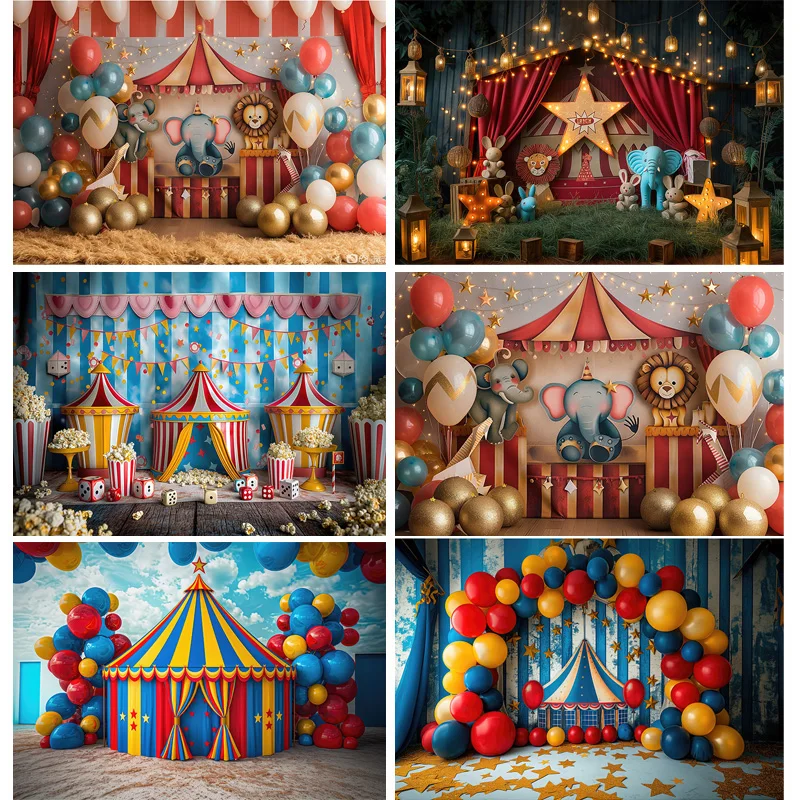 

Circus Tent With Striped Canopy Photography Backdrops Balloons Birthday Party Decor Animal Clown Photo Studio Background SD-01