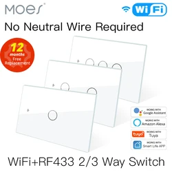 MOES WiFi Smart Light Switch RF433 No Neutral Wire Single Fire Smart Life Tuya App Control Works with Alexa Google Home 110/220V