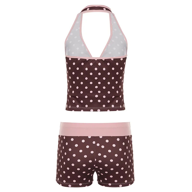 Fashion sexy polka dot contrasting color hanging neck V-neck sling top+drawstring shorts two-piece set
