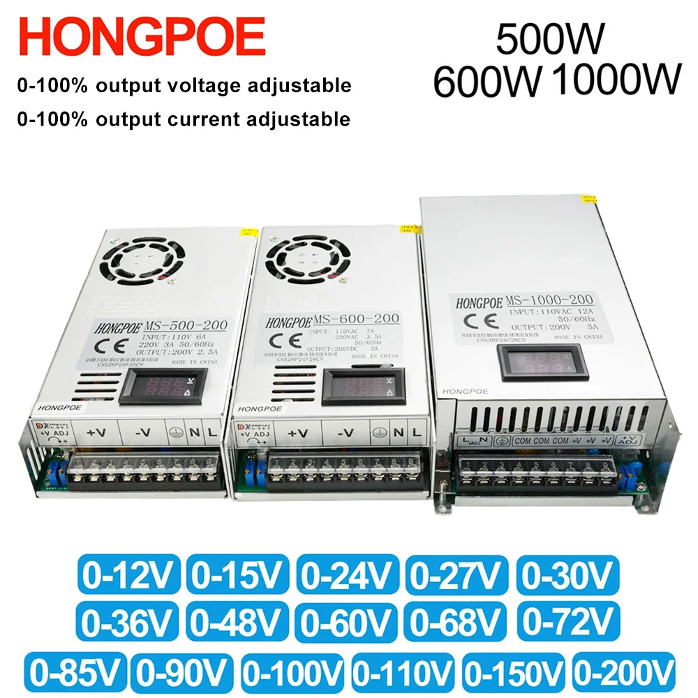 

Digital Display Adjustable 500W 600W 1000W Power Supply 0-12V 15V 24V 30V 36V 48V 60V 72V 85V 90V 110V 150V 200V Ac To Dc Smps