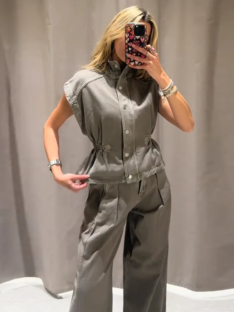 Damen-Hosenanzüge Denim Rollkragen Ärmellose Taillenbetonte Weste Hochgeschnittene Weite Hose Schicke Damen-Outfits Neue Partykleidung – Detail 3