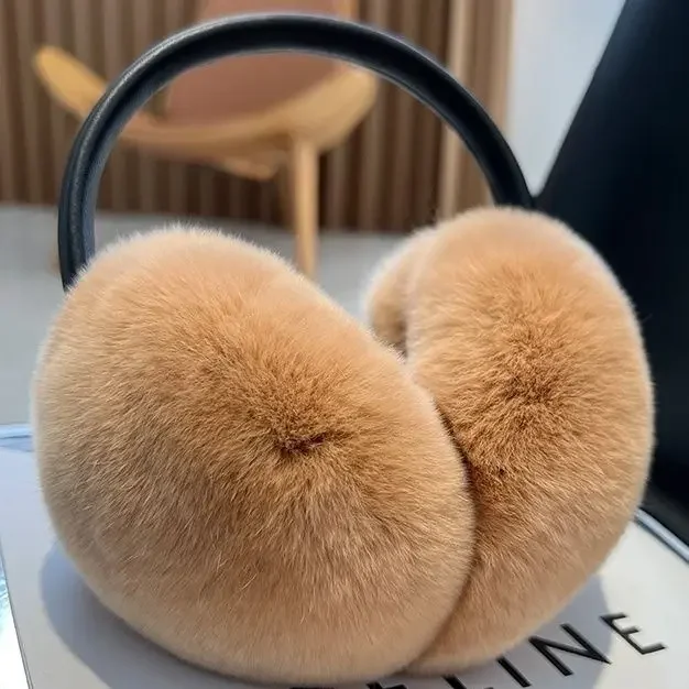 100% Natural Fur Ear Muffs for Women Winter Fur Headphones Soft Warm Cable Furry Real Rex Rabbit Ear Covers for Cold Weather