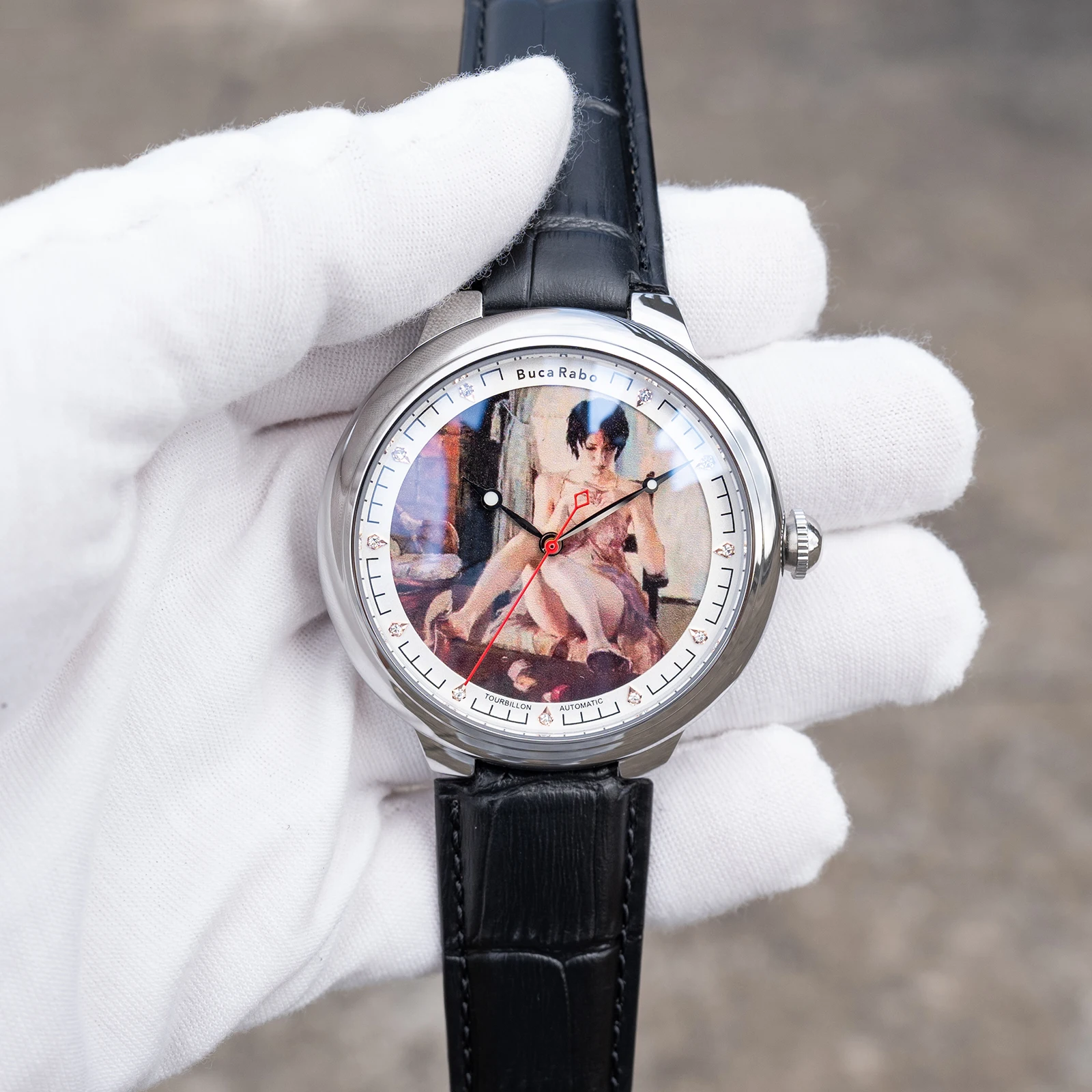 OBLVLO 45mm Men's Automatic Watch Designer Silver Case Black Leather Strap Classic Mechanical Timepiece with Sexy Girl Pattern