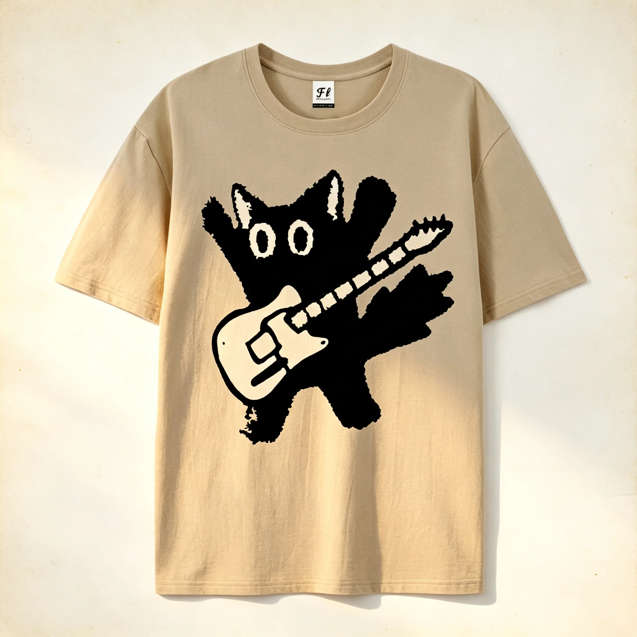Cat Playing Guitar Hand‑Drawn Graffiti Print Multi‑Color Short‑Sleeve T‑Shirt, Fun Cartoon Retro Loose Crew Neck Street Top