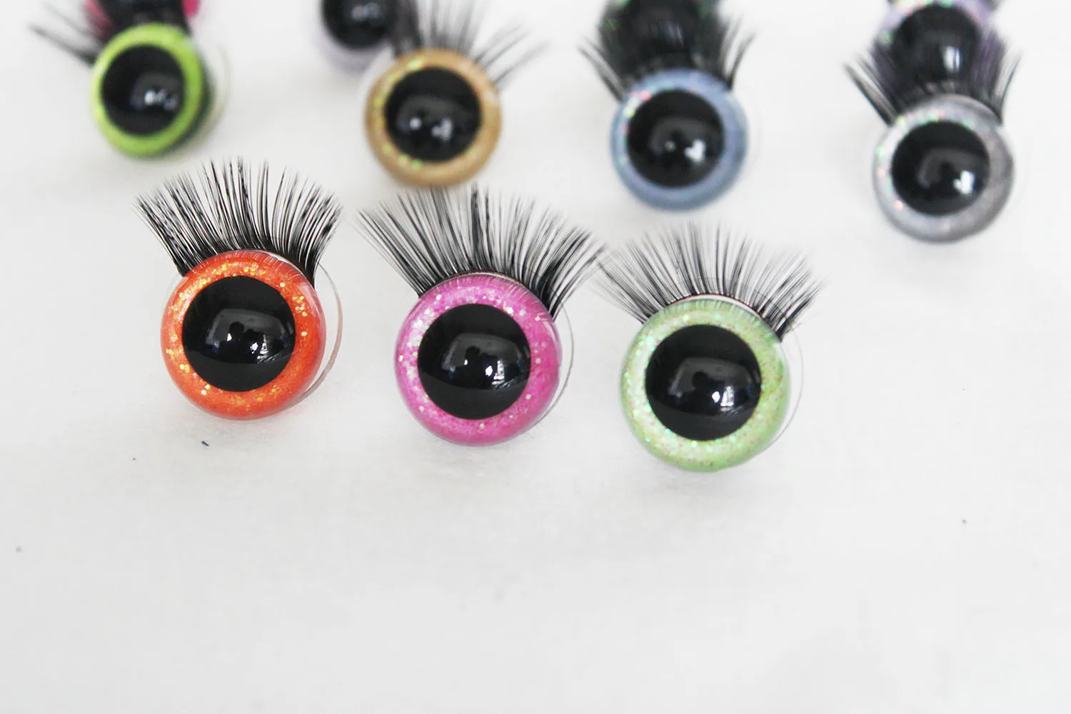 100pcs  new  eyes 9mm to 22mm round clear toy safety glitter eyes with black eyelash tray with handpress washer C11