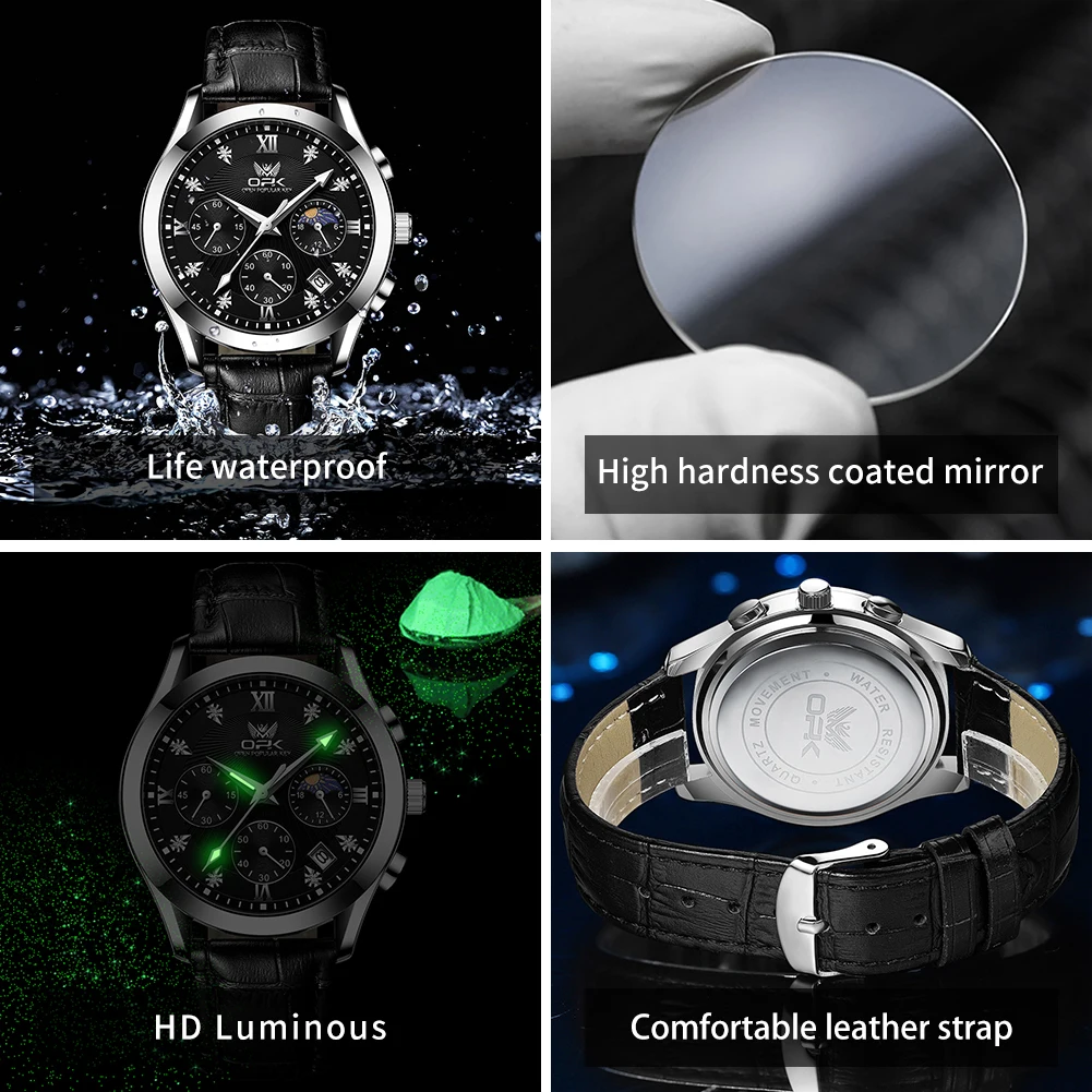 OPK 브랜드 남성용 가죽 벨트 야광 쿼츠 시계 남성용 8162