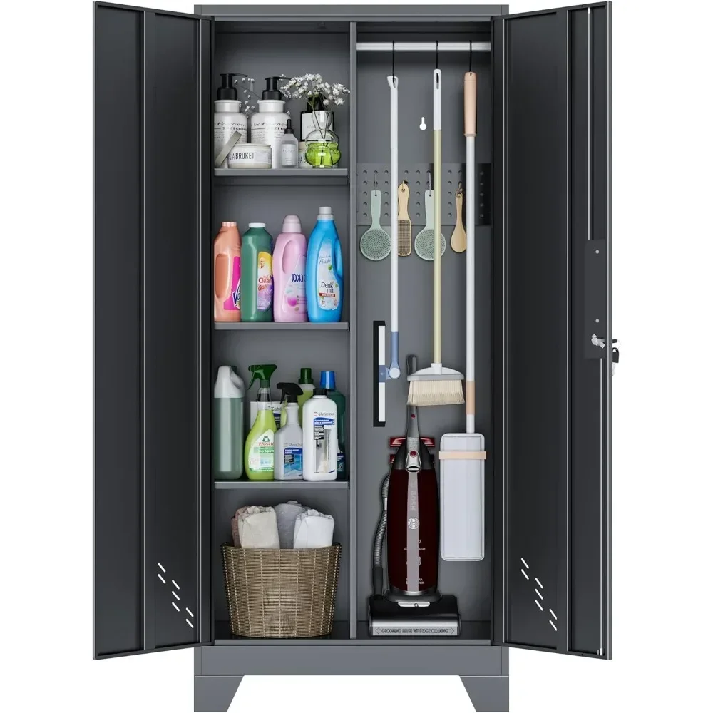 

Broom Closet Storage Cabinet, Metal Storage Cabinet with Pegboard, Utility Cabinets for Brooms and Mops, Cleaning Tool Cabin