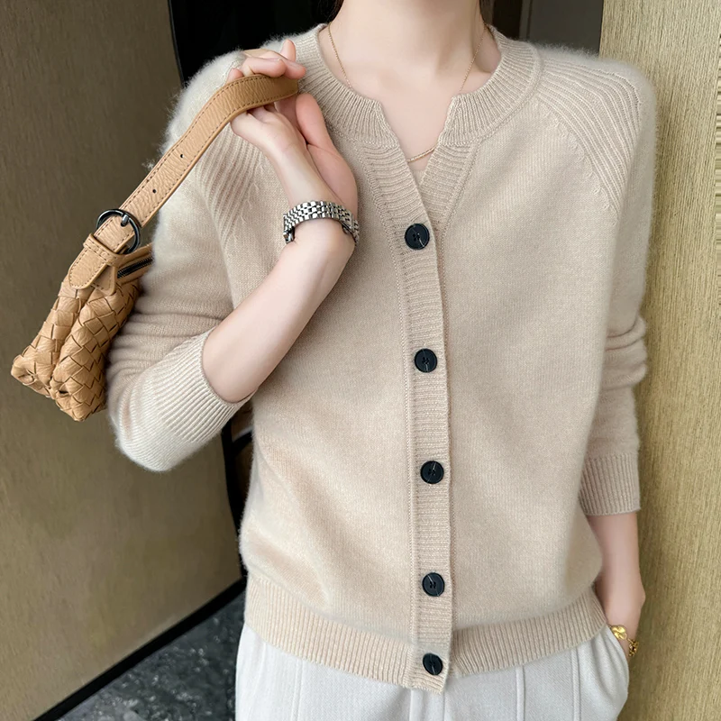 

Autumn and winter new women's cardigan 100% pure cashmere knitted O-neck jacket, warm Korean version hot selling women's top
