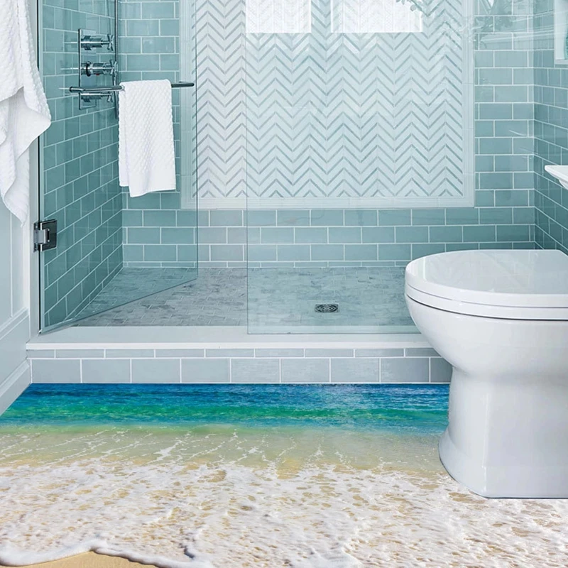 E7CD Removable Beach Floor Sticker Bathroom 3D Ocean Wall Decal Creative Floor Tiles Painting Murals Sticker Wall Decorat