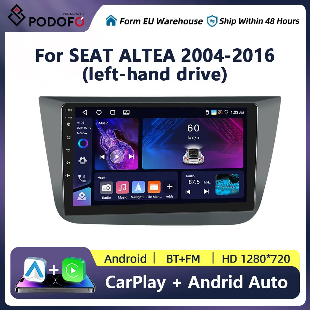 Podofo Wireless CarPlay Android Auto Radio For Seat Altea 2004-2015 Toledo 3 Car Multimedia Player GPS Navigation 2din autoradio