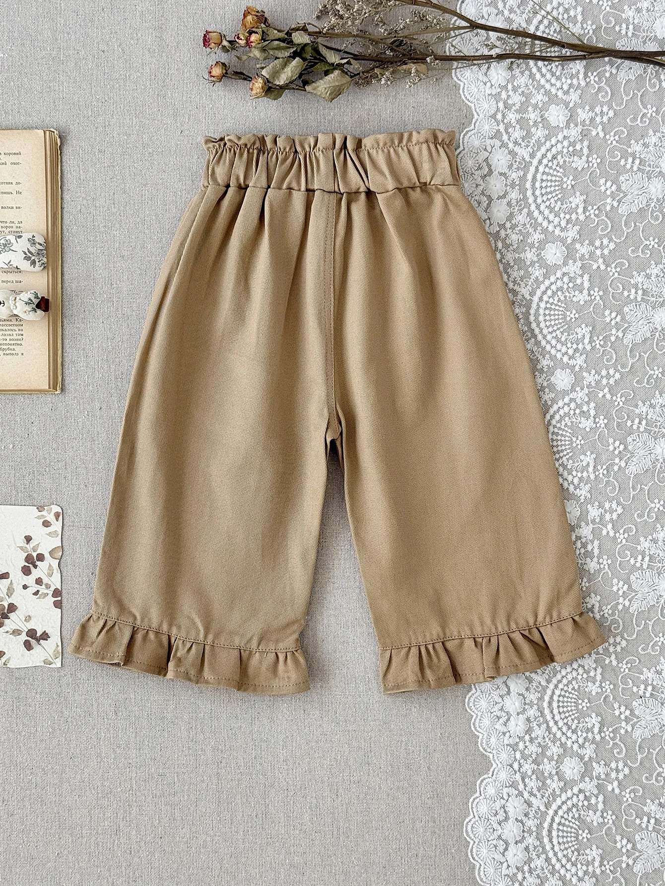 Spring Baby Girls Floral Embroidery Wide LegCropped Pants Ruffle Hem Elastic Waist Loose Casual KidsVintage Trousers