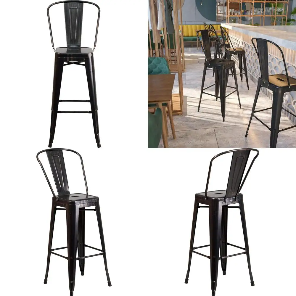 

30 High Black-Antique Gold Metal Barstool with Removable Back, Suitable for Indoor-Outdoor Use