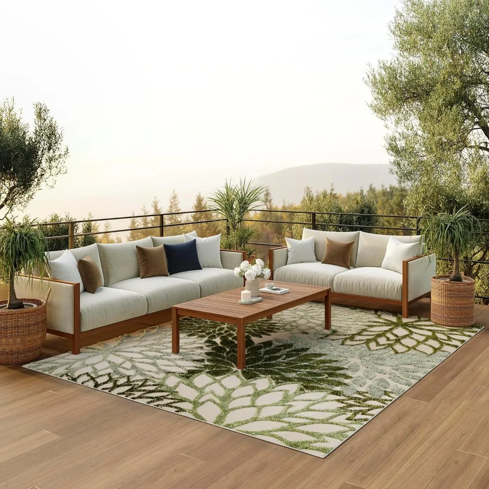 

Indoor/Outdoor Ivory Green 7'10" x 10'6" Area Rug, Easy-Cleaning, Non Shedding, Bed Room, Living Room, Dining Room