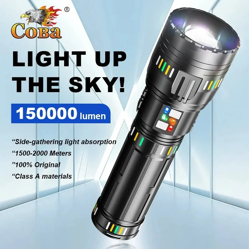 COBA Ultra Powerful LED Spotlight Long Range Flashlight Fluorescent Absorbing Film Luminous Zoom Flashlight Camping Emergency