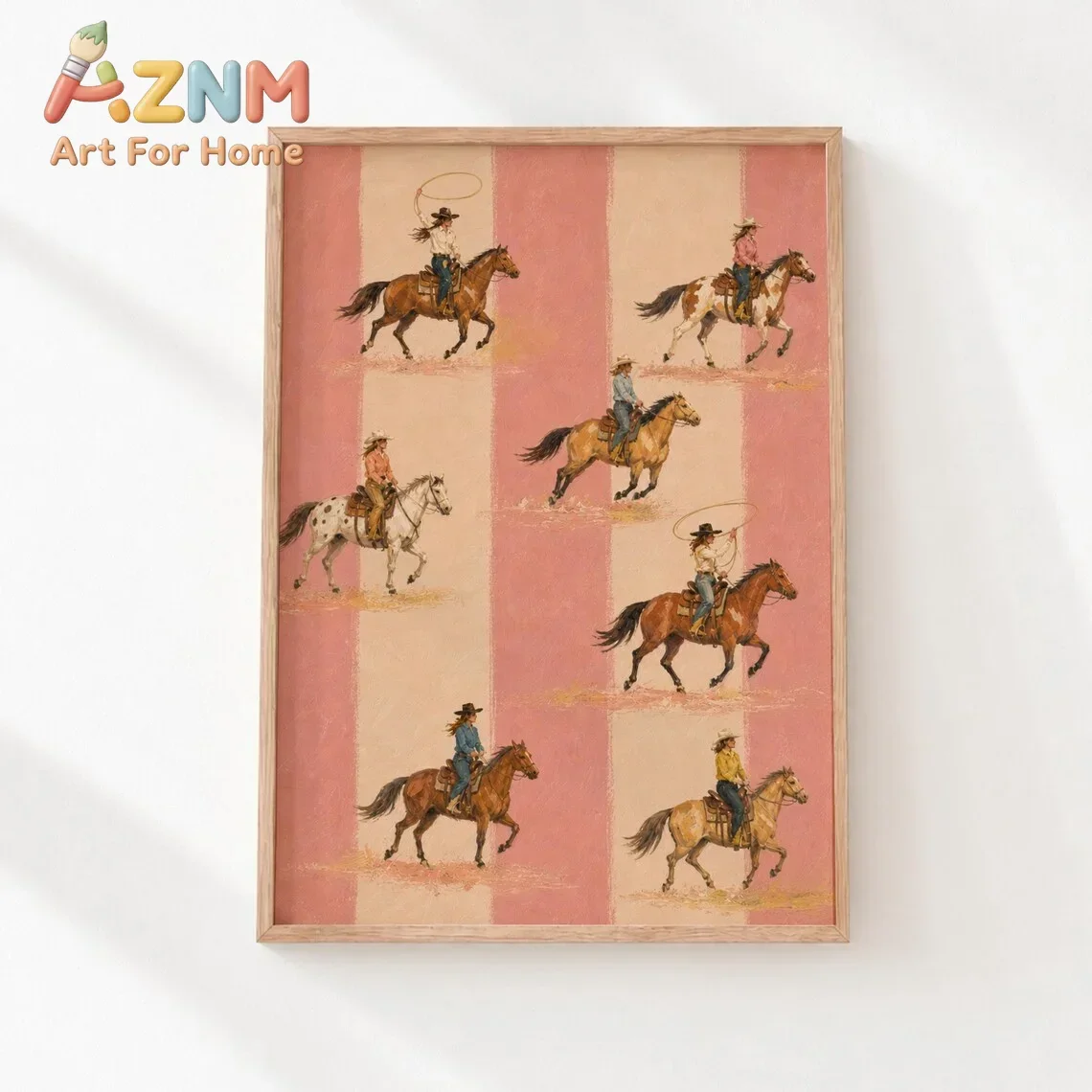 AZNM Western Cowgirls Riding Horses Canvas Wall Art Pink Striped Background Vintage Cowboy Horse Art Print Unframed Canvas Poste