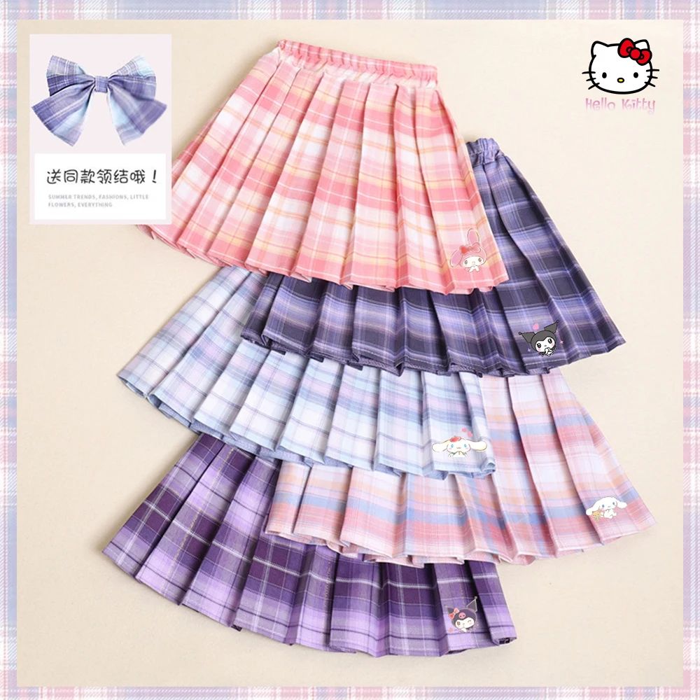 Kids Pleated Skirt Cinnamoroll Kuromi Sanrios Anime Skirt Plaid Kawaii Y2K High Waist Dance Bow Skirt Japanese School Uniforms