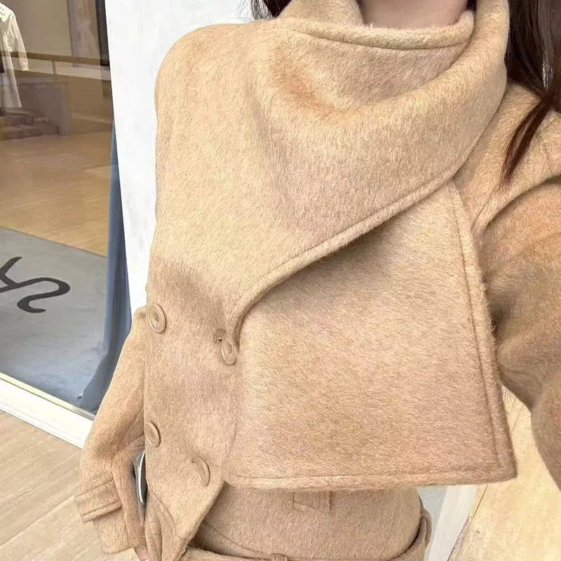

Women's Wool Scarf Shawl Jacket, Double-Breasted Woolen Short Trench Coat, Fashionable Versatile Top, Fall, New Arrival, 2025