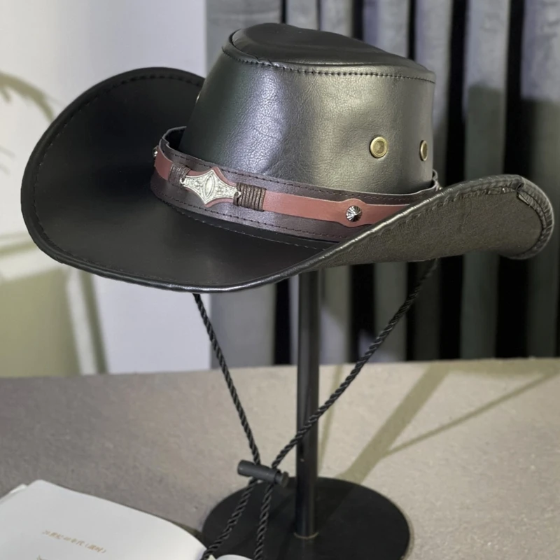 Adult Punk Cowboy Hat Large Brim Hat Rolled Brim Fedoras PU Leather Cowboy Hat with Adjustable Chin Rope