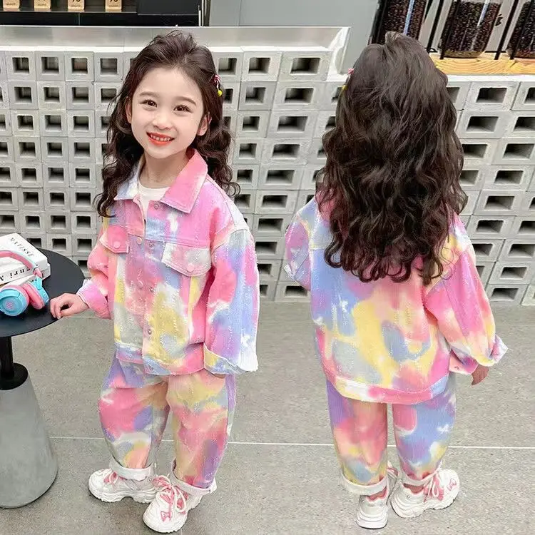 

Children's set Spring 2024 new spring clothing net red girl foreign style autumn clothing children tie dye denim 2-piece set