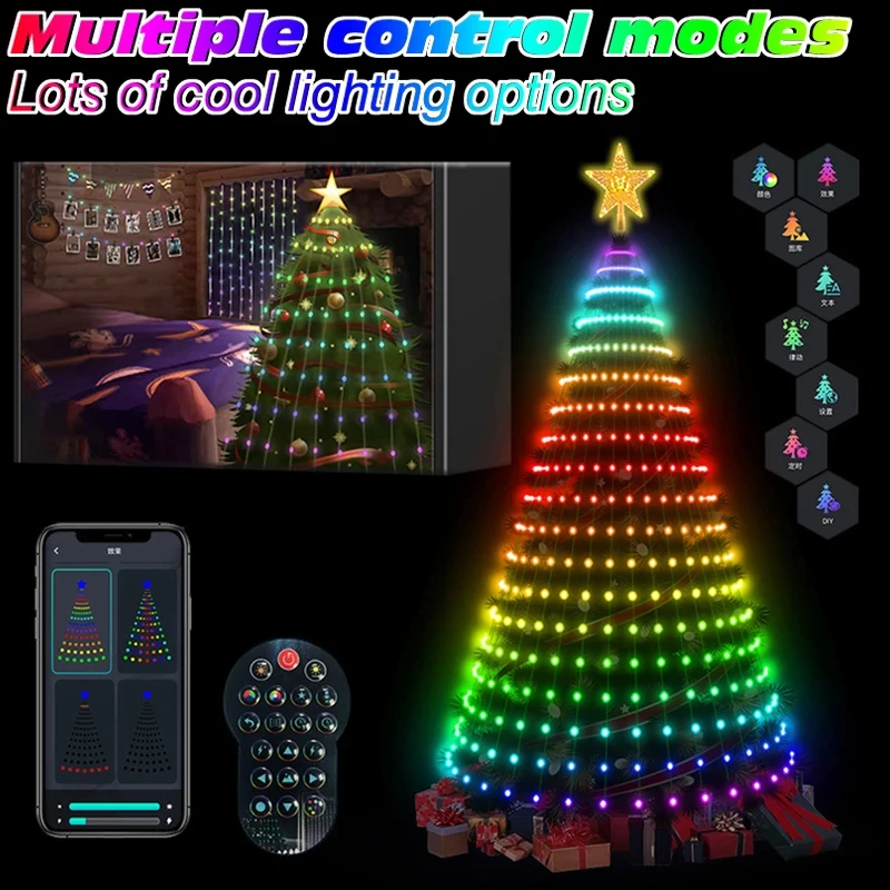 Tira de luces LED para decoración de árbol de Navidad, 2,1 M, Control por aplicación Bluetooth, adecuada para luces de decoración de árbol de Navidad