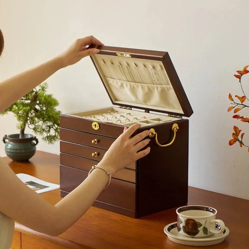 Solid Wood Jewelry Box 5 Layer Jewelry Storage Case Large Capacity Bracelet Necklace Cases Desktop Ring Watch Organizer Boxes