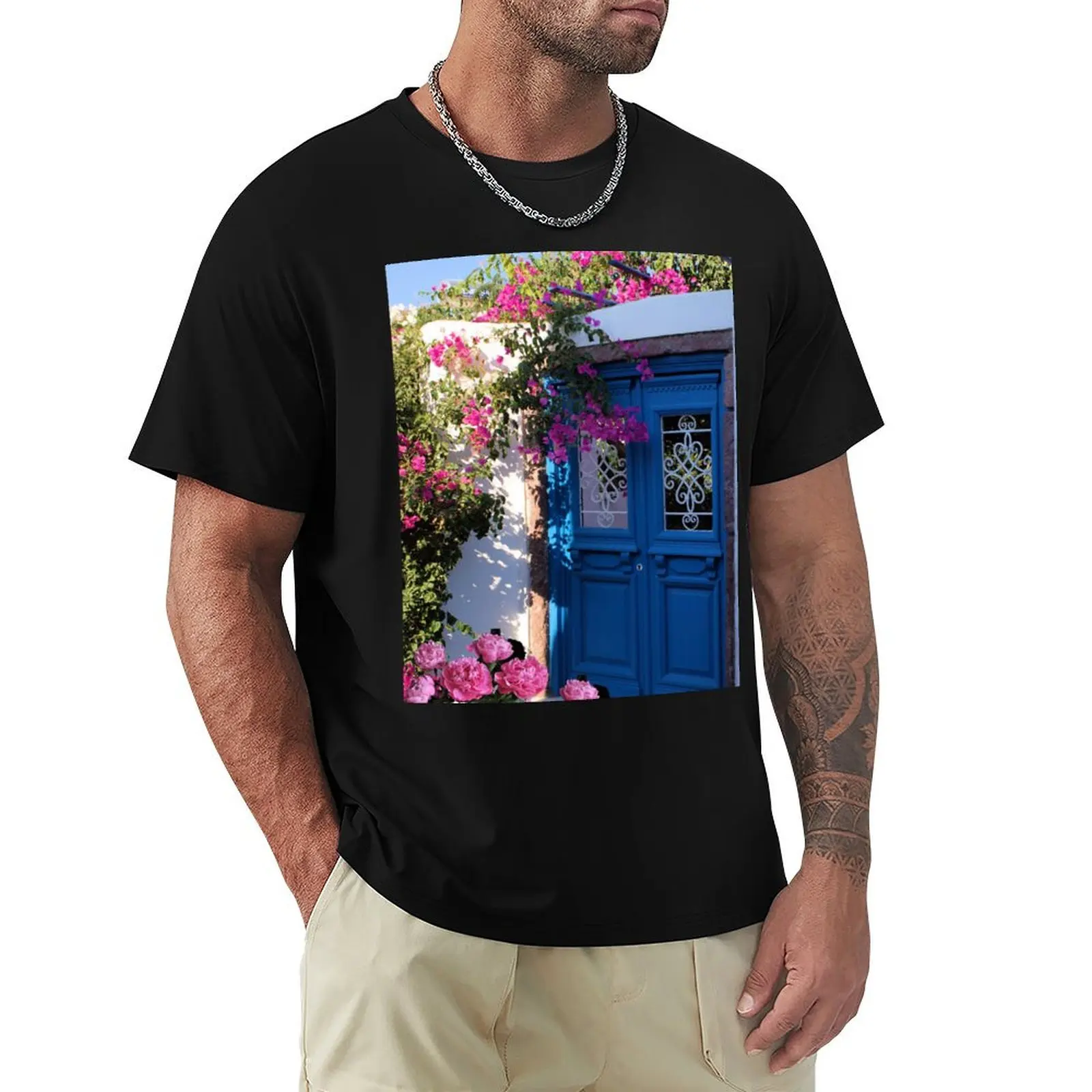 

Greek Santorini Blue Door Pink Flowers T-Shirt basketball graphic tees fashion shirts men tshirt