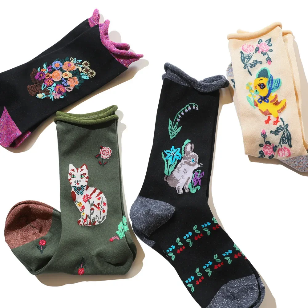 

Creative Funny Retro Gothic Animals and Floral Gold Sparkly Socks Women Vintage Cat Cotton Fashion Chic Socks Long Socks Gift