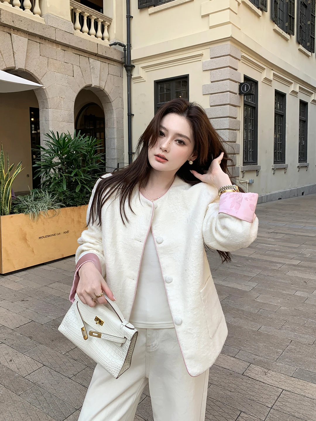 

Ele ort New Chinese Sle Cotton Jaet Women's round Ne Spliced Outerwear Maven Lin Commute Loose Fit Pure Color