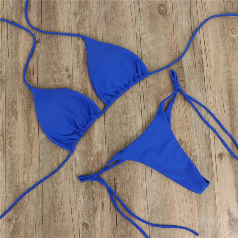 Maillot de bain deux pièces pour femmes, bikini d'été solide, col licou, sangle, culotte tanga, côté droit, string, vêtements de plage, 2024