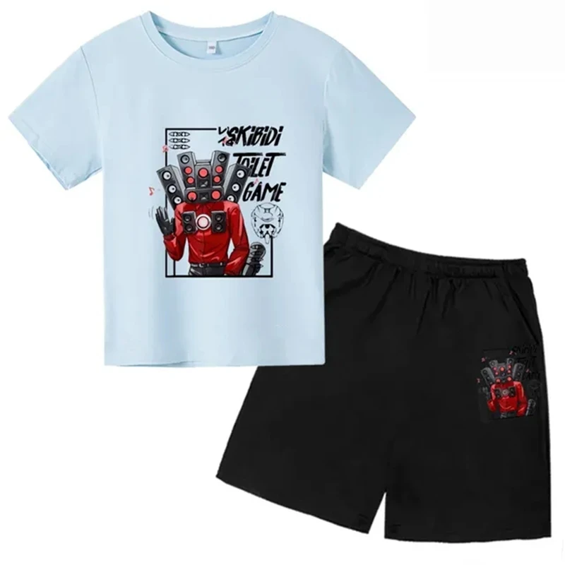 Summer Children Clothes Skibidi Toilet Kids Round Neck T-shirt Sets Boys Girls Short Sleeve + Shorts Toddler 2-12 Years Casual