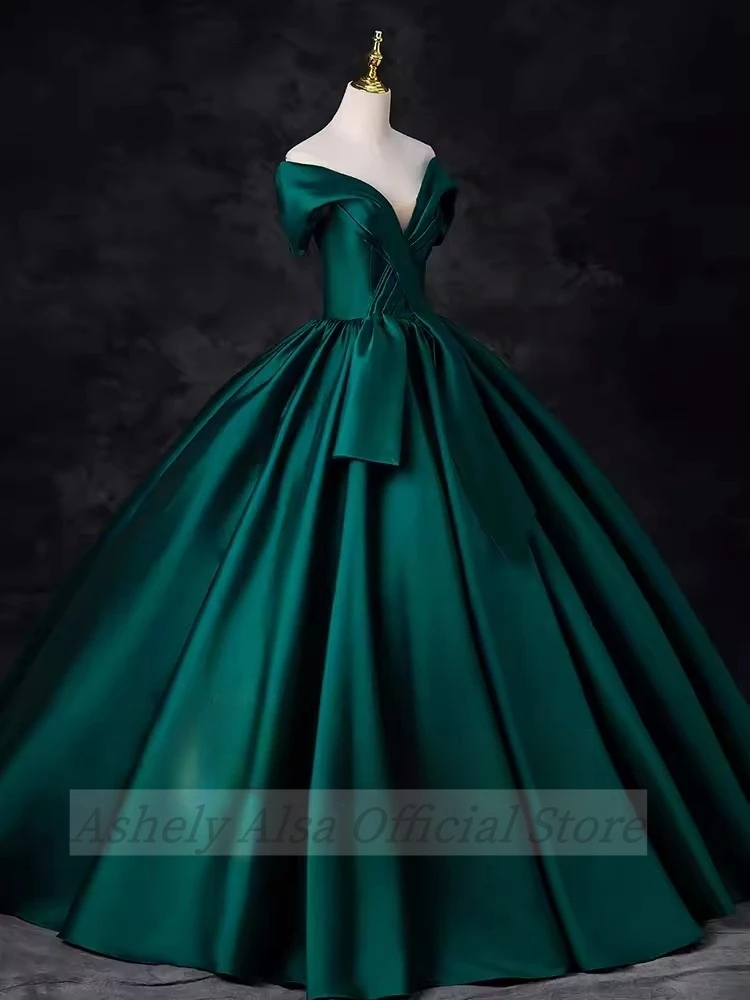 Customized Real Picure Emerald Green Prom Birthday Party Dresses V Neck Satin Puffy Skirt Long Vestido De Anos Quinceanera Gown