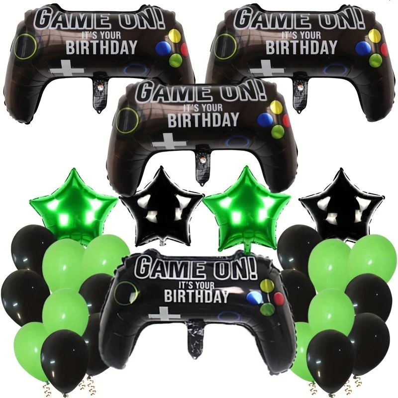 8-teiliges Gamepad-Ballon-Set 'Game On' mit Schwarz-Grünen Sternballons für Geburtstagsfeiern und Gaming-Themenpartys