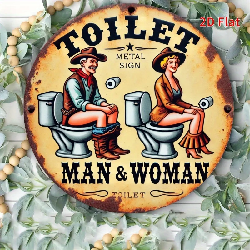 1 x flaches 2D-Dekorschild aus Holz – Retro-Toilettenmotiv, männliche und weibliche Figuren im westlichen Stil und „Toilette“, Toilettendekoration