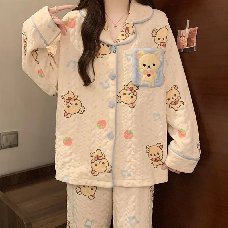Rilakkuma Pyjama Winter Nieuwe Lucht Katoen Sandwich vrouwen Lange Mouw Dikke Warme Pyjama Set Losse Thuis Kleding meisje Geschenken Speelgoed