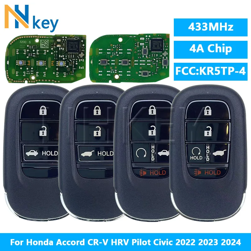 

NHKEY For Honda Accord CR-V HRV Pilot Civic 2022-2024 433MHz 4A Chip KR5TP-4 Smart Key Keyless Go 72147-3A0-A01 A3C0775510100
