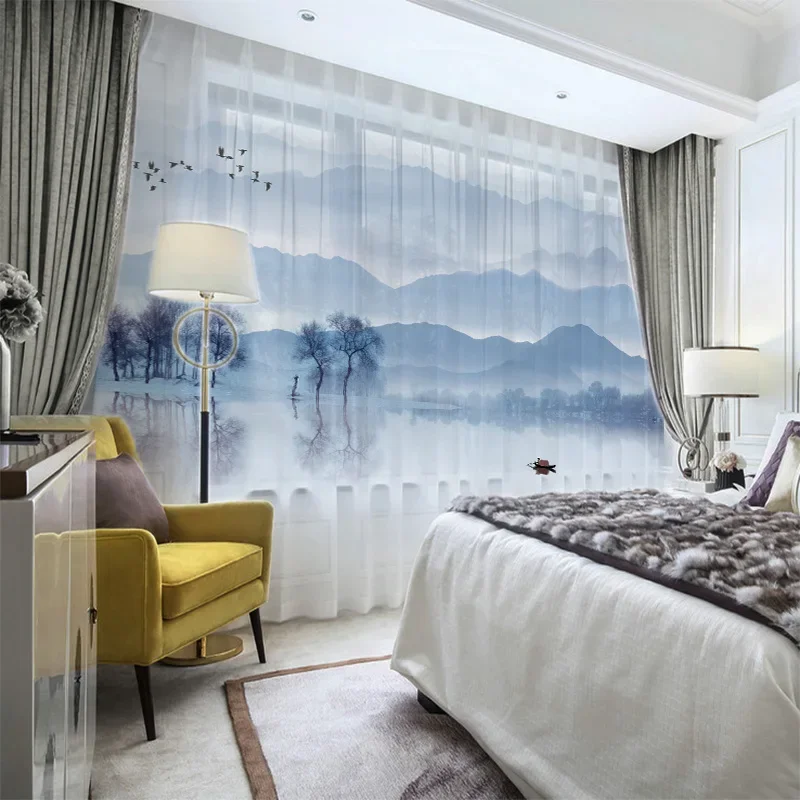 Customizable Chinese Style Magnolia Peach Blossom Flower and Bird Curtain Cloth Gauze Curtains for Bedroom Living Study Room