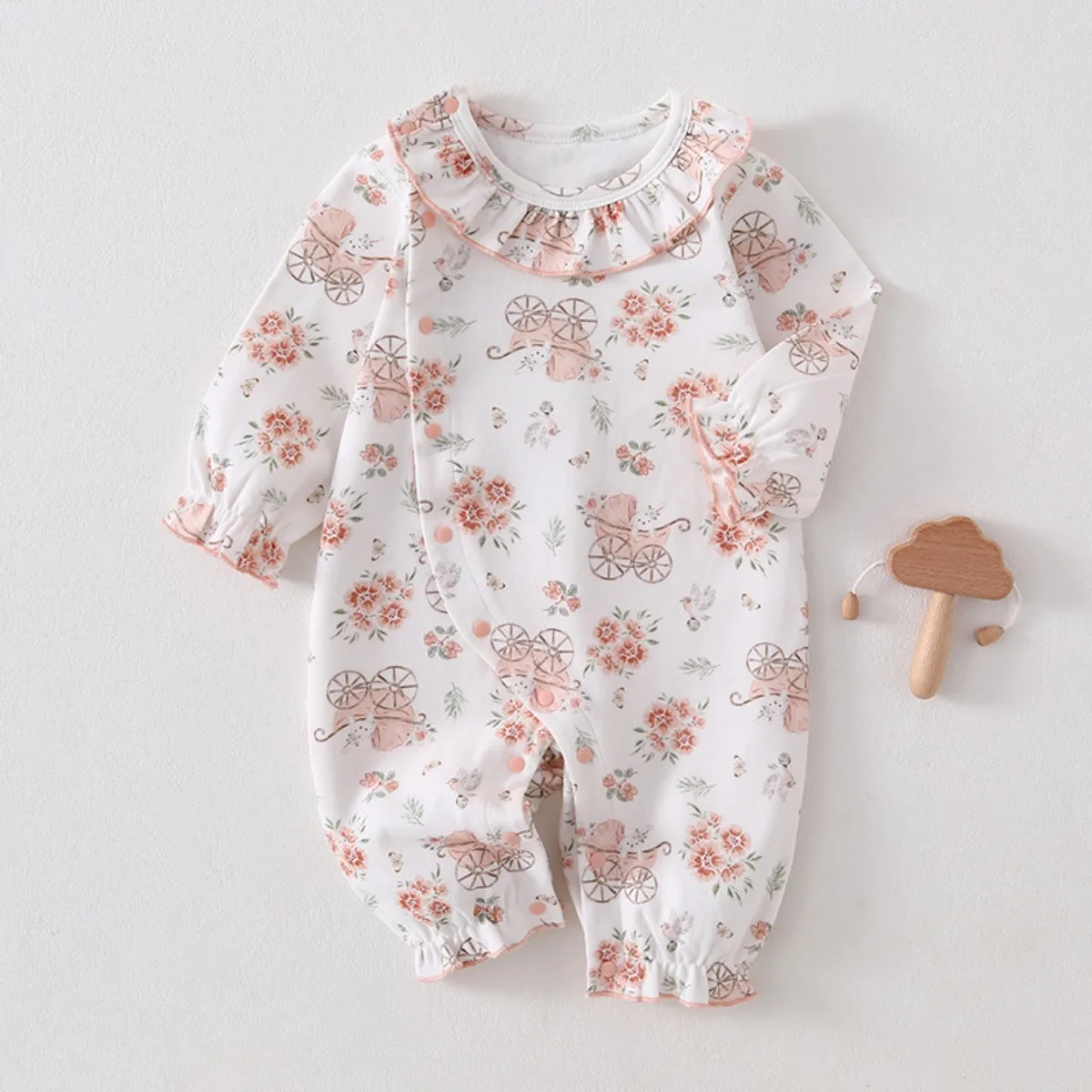 Baby Unisex Cotton Breathable Princess Jumpsuit 0-18M Kid Spring Fall Ruffle Collar Cute Romper Infant Soft Skin-friendly Onesie