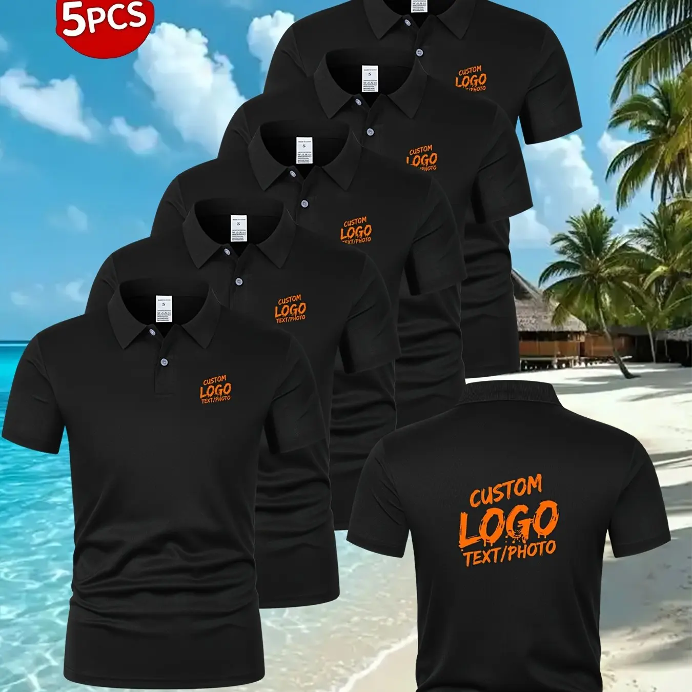 Set mit 5 personalisierbaren Sommer-Golfhemden für Herren, die mit Logos oder Text versehen werden können, ideal für Werbeaktionen im Geschäft und verschiedene Anlässe, Größe S. – Detail 4