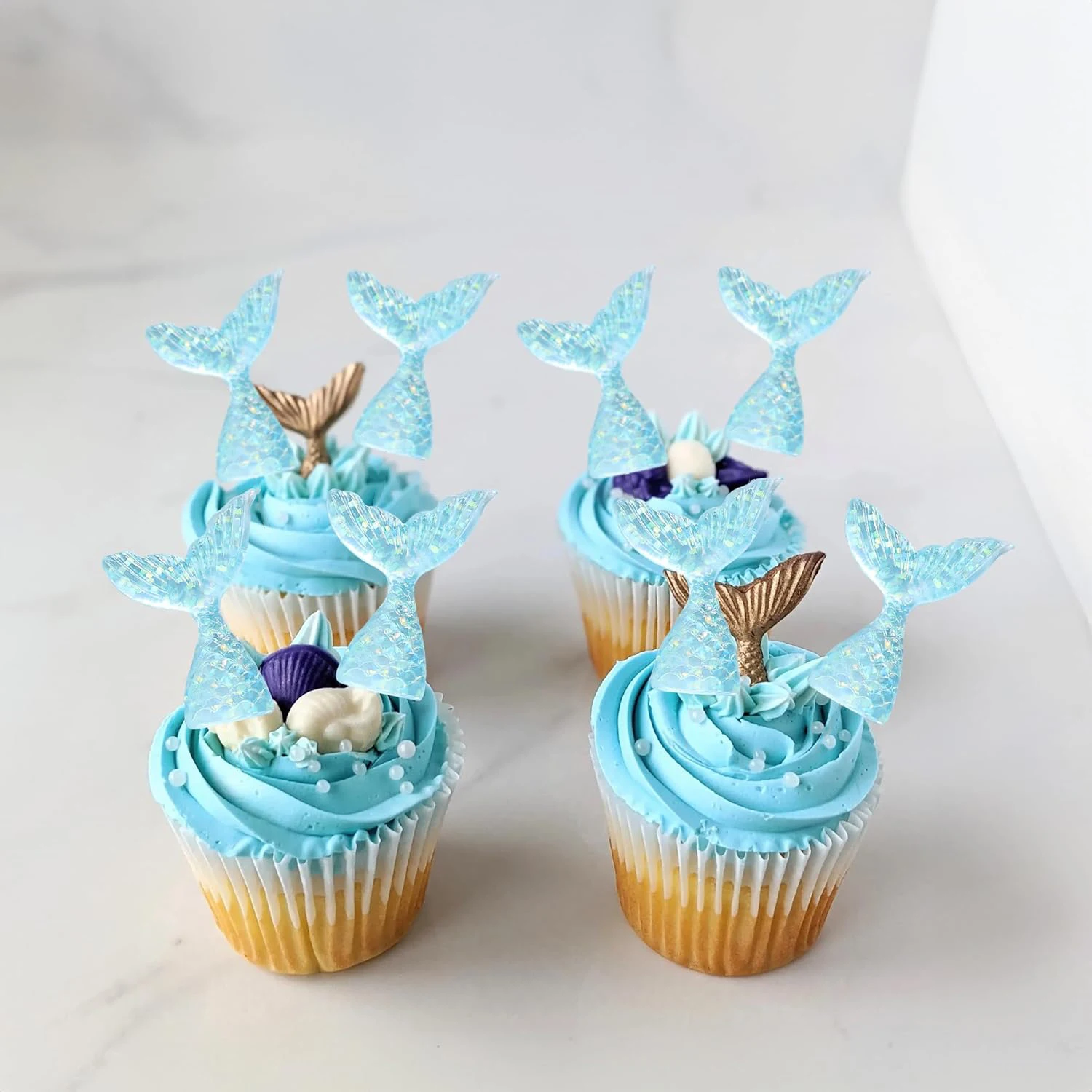 12 Stück Cupcake-Topper mit Meerjungfrauenschwänzen, blau, rosa Kuchendeckel für Meerjungfrau-Thema, Kuchendekoration, Geburtstagsfeier, Babyparty-Zubehör – Detail 3
