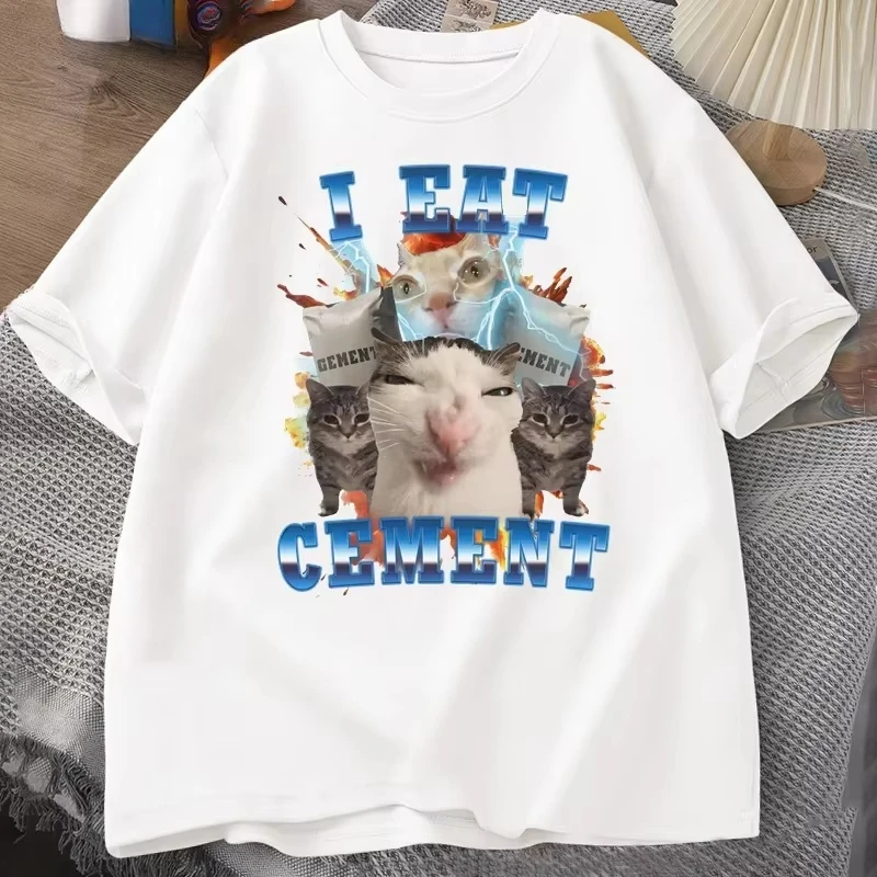 I Eat Cement Funny Cat Meme Tee Shirt Cotton Short Sleeve Stupid Ugly Cats Printed T Shirt Casual O Neck Graphic Tees Tees Tops