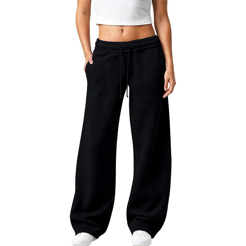 NEUE einfarbige Damen-Sweatpants, lässig und bequem, Damen-Hose mit Kordelzug, gerade geschnitten, lockere, lässige Hose mit Kordelzug, weites Bein – Detail 5