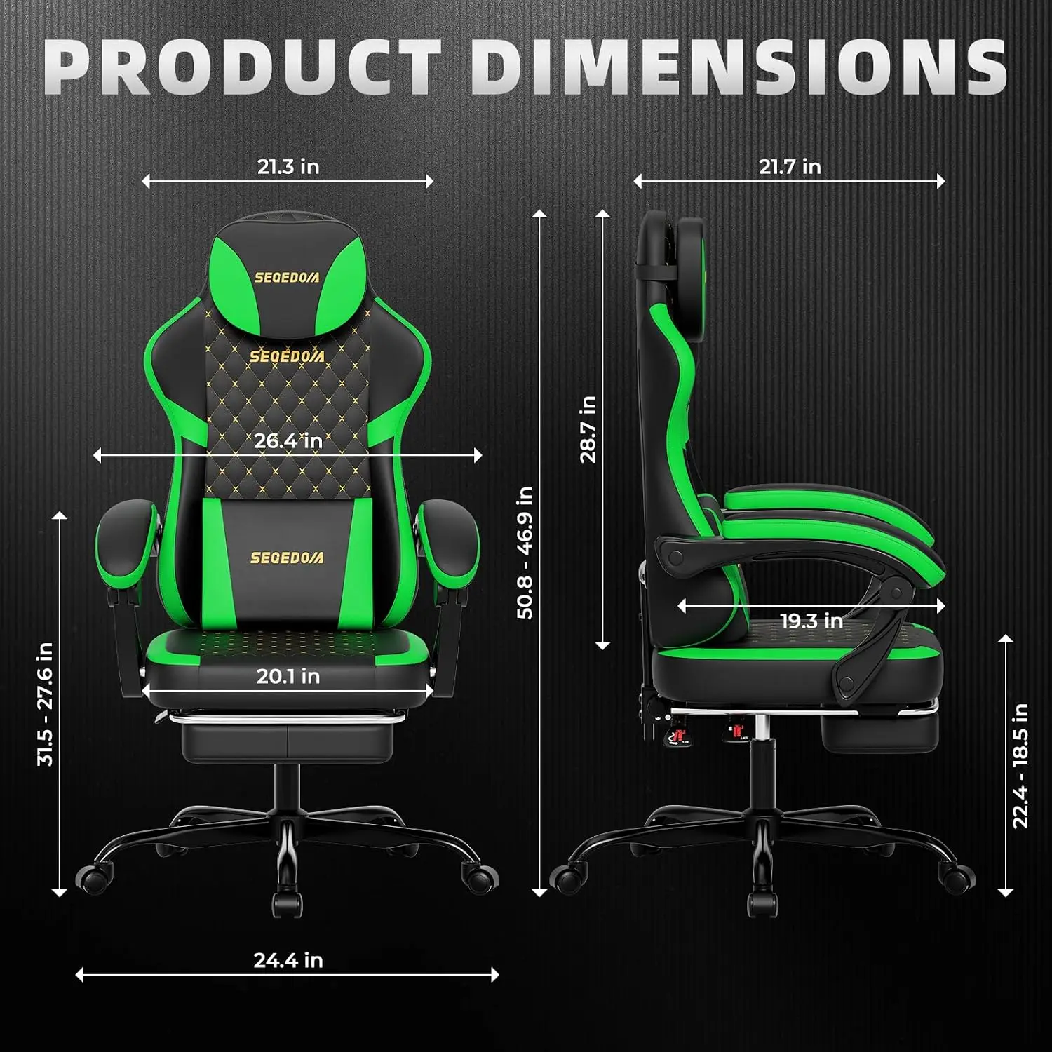 Ergonomic Gaming Chair with Footrest & Massage Lumbar Pillow, Height Adjustable 360° Swivel Computer Chair, Linked Armrest & Headrest for Office Gaming (Black Green