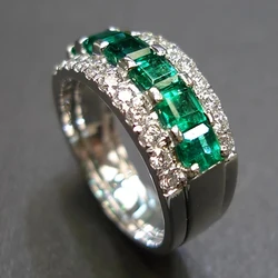 Huitan Luxury Dark Green Square Cubic Zirconia Wedding Bands Rings for Women Sparkling Silver Color Fashion Rings Party Jewelry