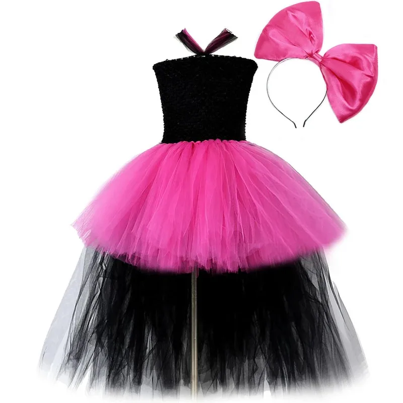 

AD1 Hot Pink Black Long Princess Dress for Girls Birthday Halloween Costumes for Kids Tutu Dresses with Train Teenage Girls5@rD~