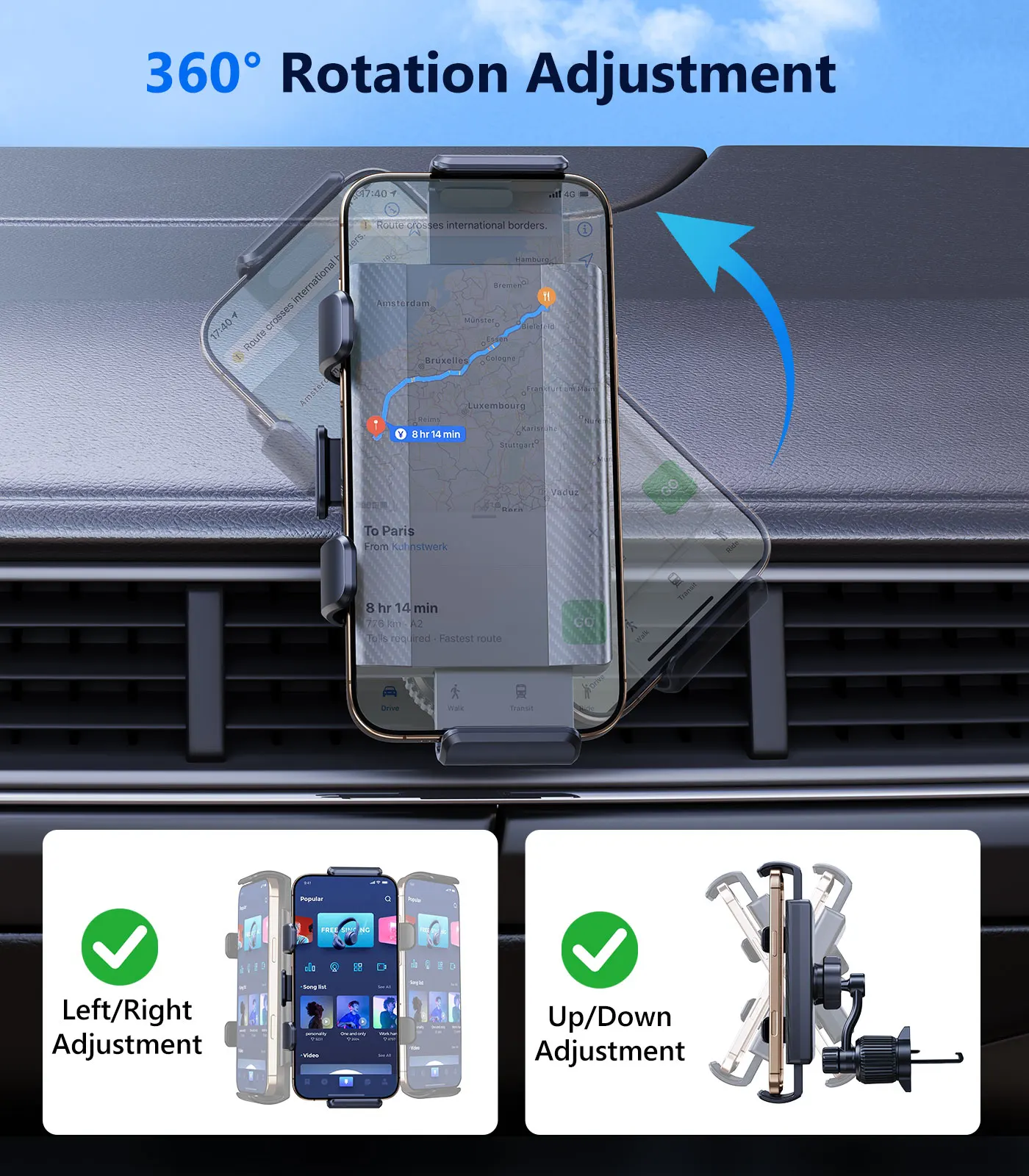 Supporto per telefono per presa d'aria per auto Oatsbasf 360 ° Staffa per auto con rotazione per iPhone 17 16 15 Samsung Z Fold 7 6 5 per dispositivi da 4,7-10,2"