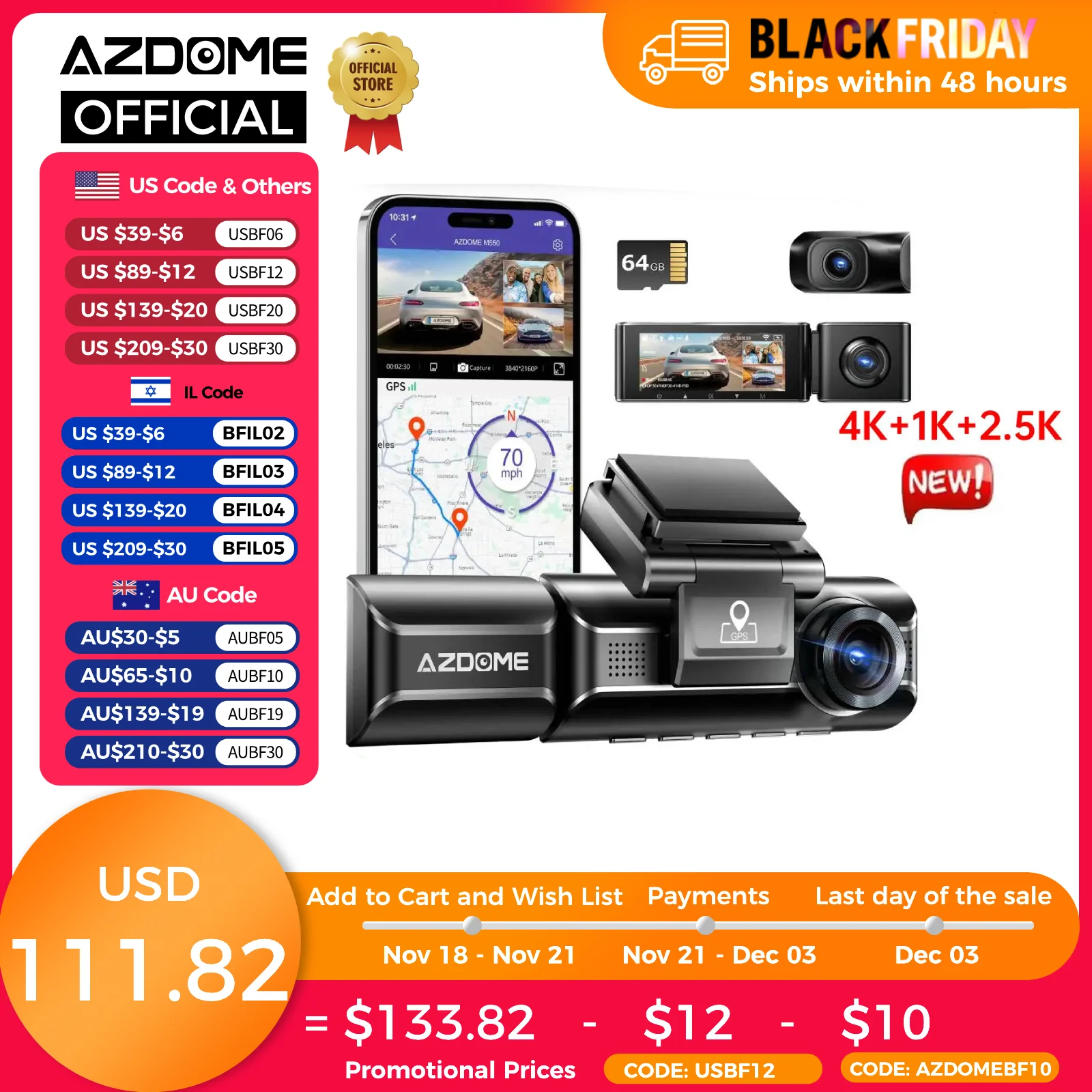 AZDOME 4K Dash Cam M550 Max Built-in GPS Wifi Camera Car DVR 3.18”Screen Night Vision 24H Parking Monitor Support Rear Cam