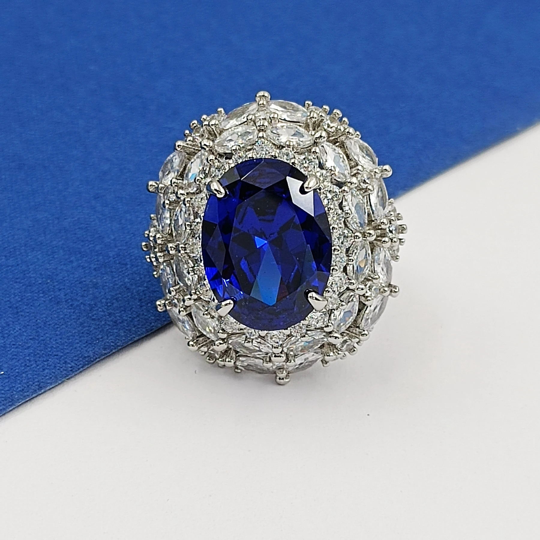 Gorgeous Blue Oval Cubic Zirconia Cocktail Rings with Double Sunburst Halo Adjustable Jewelry for Graduation Concert Anniversary