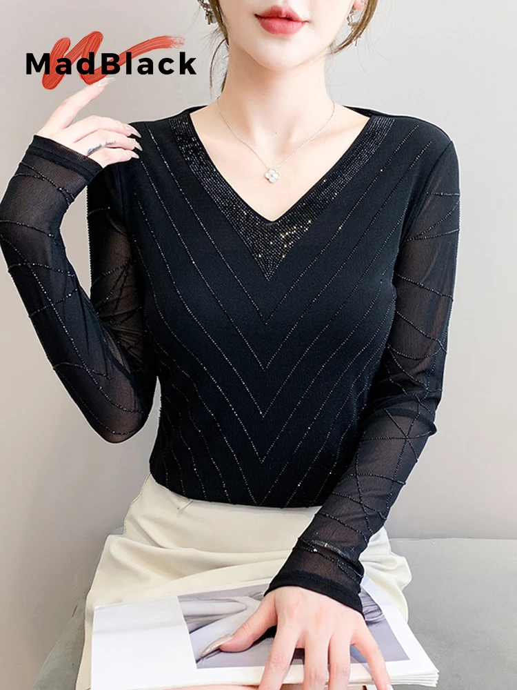 MadBlack-Women الأوروبي تي شيرت ، مثير الخامس الرقبة الماس الساخن ، الشارع الشهير كم طويل سليم S-3XL شبكة المحملة ، 2025 الخريف جديد T59740CC #1