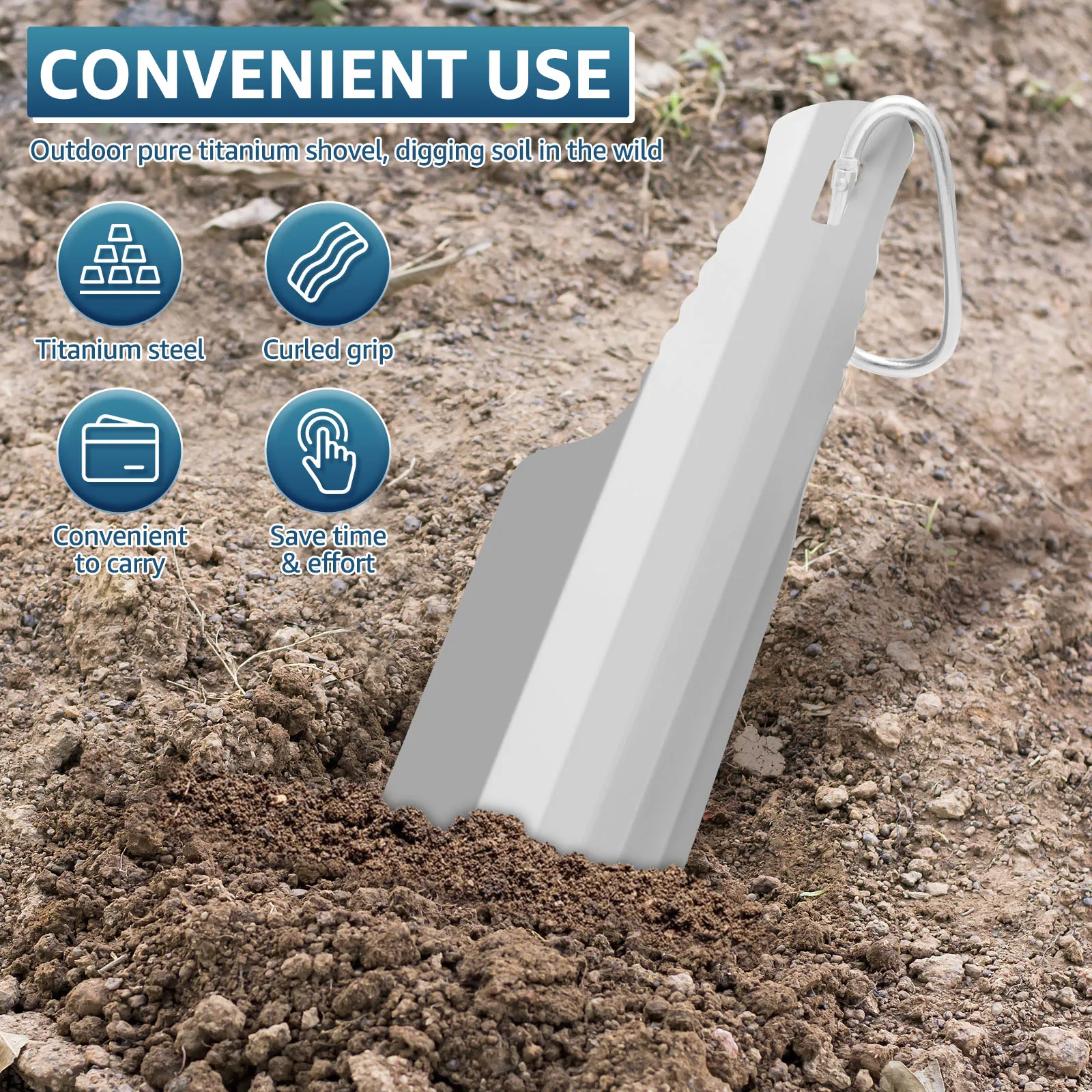 Pala da giardino in acciaio al titanio Pala da scavo versatile resistente alla corrosione con bordo curvo per escursioni in spiaggia da campeggio all'aperto